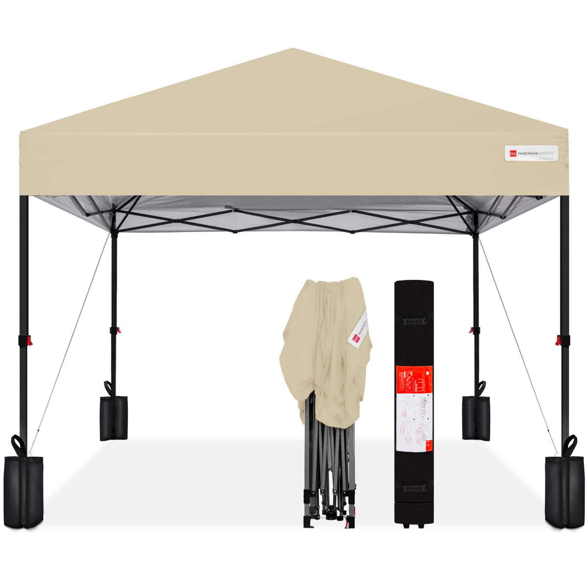 Best Choice Products - 8x8ft Easy Setup Pop Up Canopy w/ 1-Button Setup, Wheeled Case, 4 Weight Bags - Sand