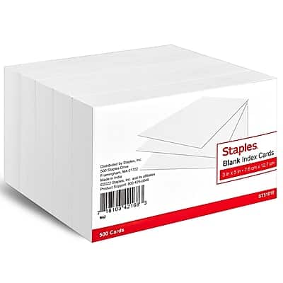 Staples Inc  
Distributed by Staples Inc  
500 MA 01702 Framingham  
Affiliates  
Made in China  
C2022  
Staples 800-425-0043  
Product Support 3 42168 7 18103  
NAT  
Staples Index Cards  
Blank Index Cards  
3x5 in (7.6 cm x 12.7 cm)  
500 Cards  
ST51010