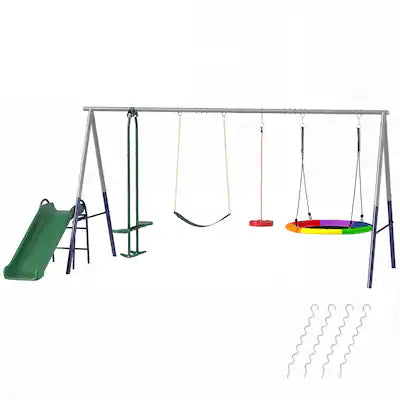 Qaba - 5-in-1 Kids Swing Set with Slide, Swings and Glider for Backyard, 770lbs Capacity, for Ages 3-8