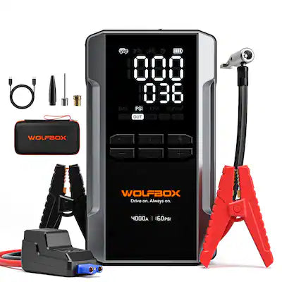 WOLFBOX - 4000A Jump Starter with 160PSI Air Compressor, 88.8Wh Portable Tire Inflator for 10L Gas & Diesel Engines, LED Light