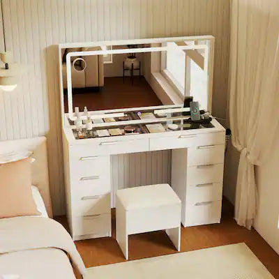Costway - Vanity Desk with Mirror and Lights, Storage Cushioned Stool, Tempered Glass Top