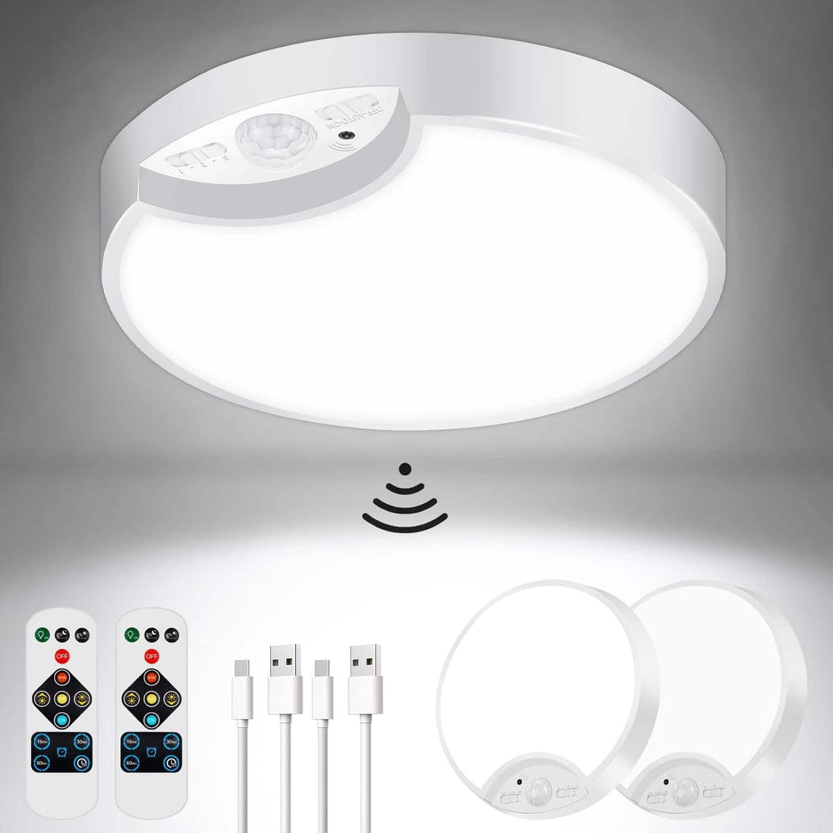 Nordic Hygge - 2-Pack Rechargeable Battery Operated Motion Sensor Ceiling Lights with Remotes 3500K/4500K/6500K - White