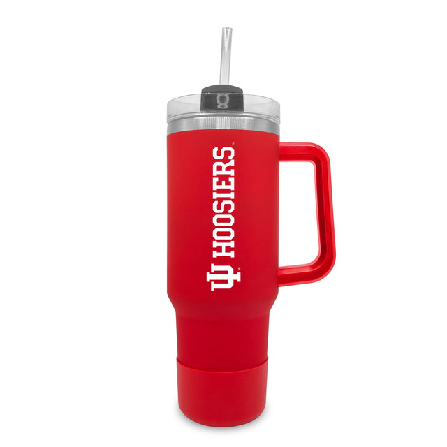 Front. The Fanatic Group - Indiana Hoosiers 40oz. Stainless Tumbler with Handle & Removable Straw - Red.