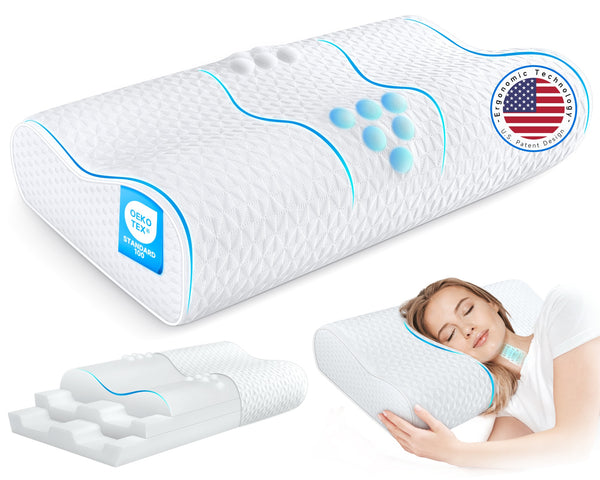 COQOOL - Cervical Pillow for Neck Pain Relief, Memory Foam Neck Pillow for Sleeping, Adjustable Orthopedic Sandwich Pillow - White