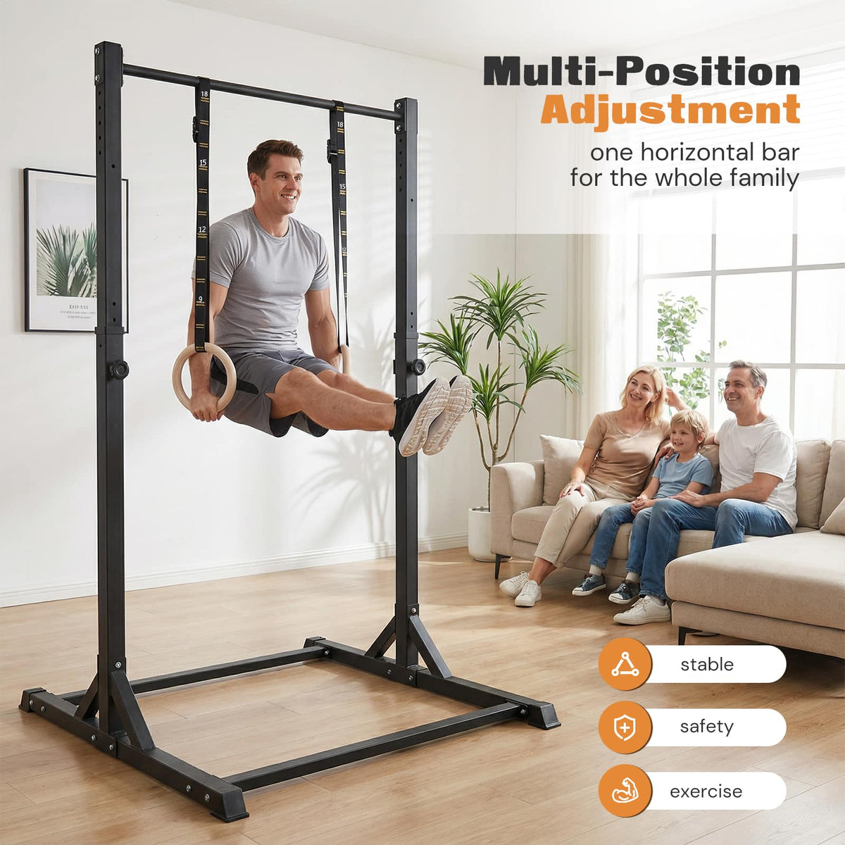 KERDOM - Home Gymnastics Horizontal Bar with Rings, Adjustable Pull Up Bar Station, Stable Power Tower Station for Home Gym - Black
