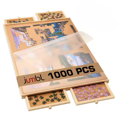 Jumbl - 1000-Piece Puzzle Board with Drawers, Lazy Susan & Cover - Rotating Wooden Jigsaw Puzzle Table