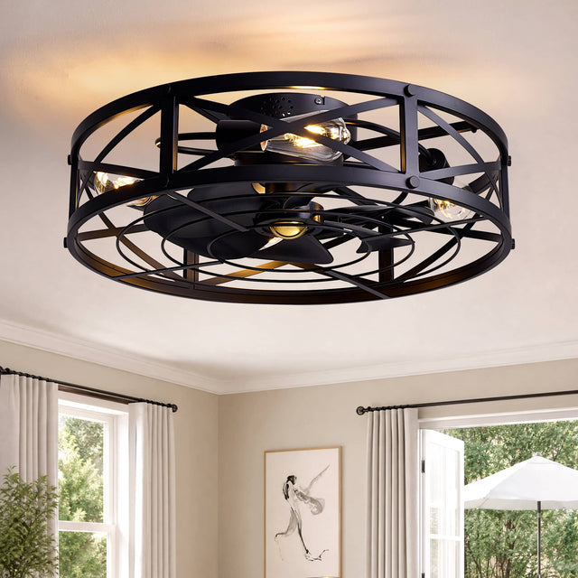 Front. Siljoy - 24‑Inch Black Farmhouse Caged Flush Mount Ceiling Fan with Light DC Motor for Living Room Bedroom Kitchen - Black.