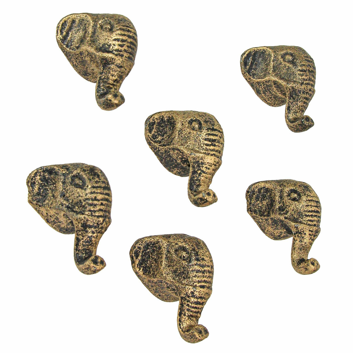 Zeckos - Antique Finish Cast Iron Elephant Head Cabinet Knob Drawer Pulls Set of 6 - Gold