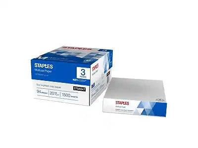 Staples - Multiuse 8.5" x 11" Copy Paper, 20 lbs., 94 Brightness, 500/Ream, 3 Reams/Carton