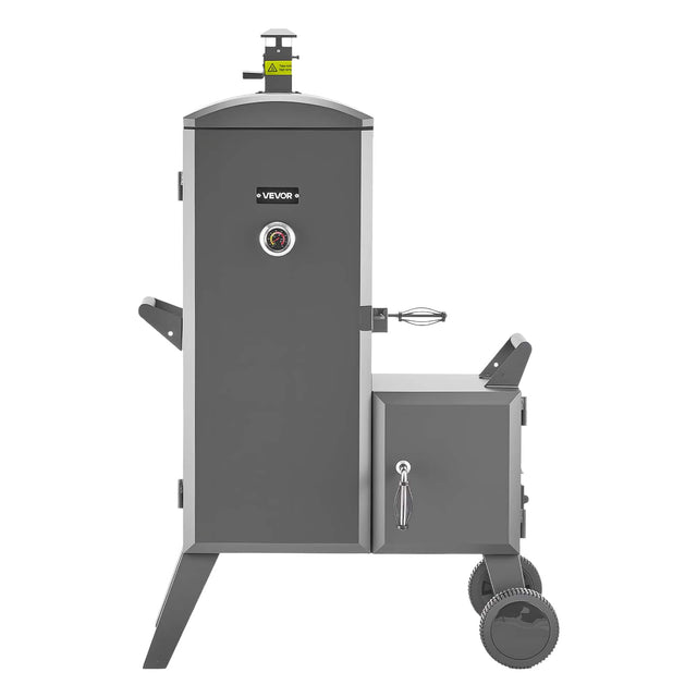 Front. VEVOR - Charcoal Offset Smoker, Heavy-Duty Steel BBQ Offset Smoker with Side Firebox, Movable Outdoor Barbecue Smokers - Black.