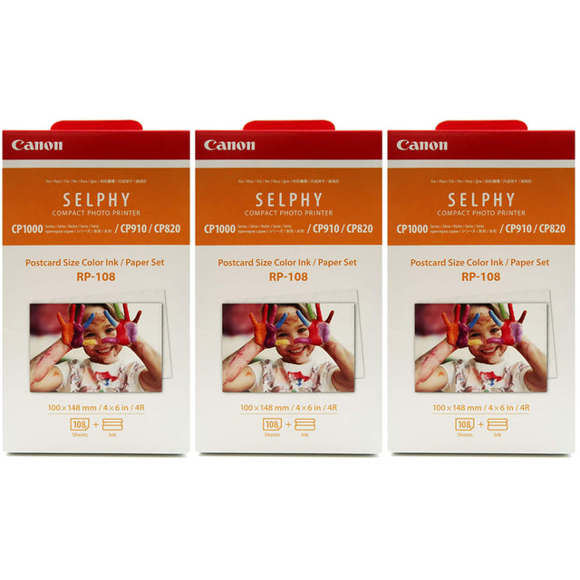 Canon SELPHY COMPACT PHOTO PRINTER  
CP1000 / CP910 / CP820  

Postcard Size Color Ink / Paper Set  
RP-108  

100 x 148 mm / 4x6 in / 4R  

108 Sheets + Ink