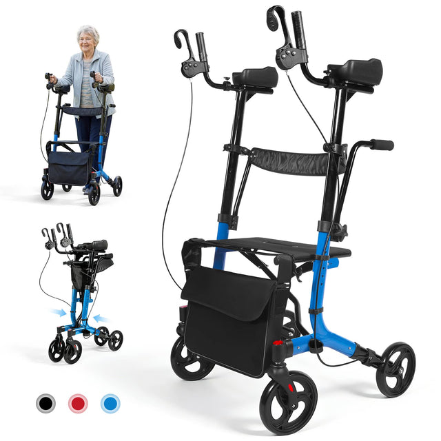 Front. Hover Heart - Foldable Upright Walker with Seat for Seniors, 450 lb Heavy Duty Rollator with Adjustable Arms and 10 Inch Wheels - Blue.