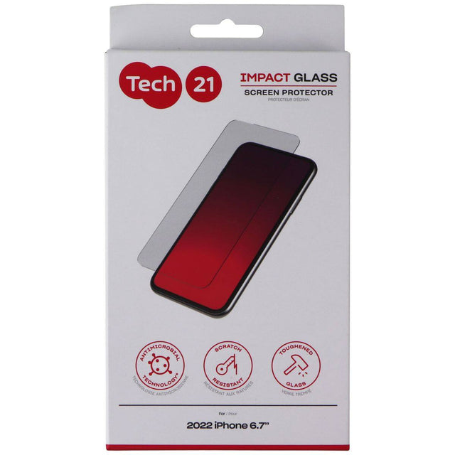 Tech 21 IMPACT GLASS SCREEN PROTECTOR  
PROTECTEUR D'ÉCRAN  
ANTIMICROBIEN  
RESISTANT AUX RAYURES  
TOUGHENED GLASS  
VERRE TREMPÉ  
Pour iPhone 6.7"