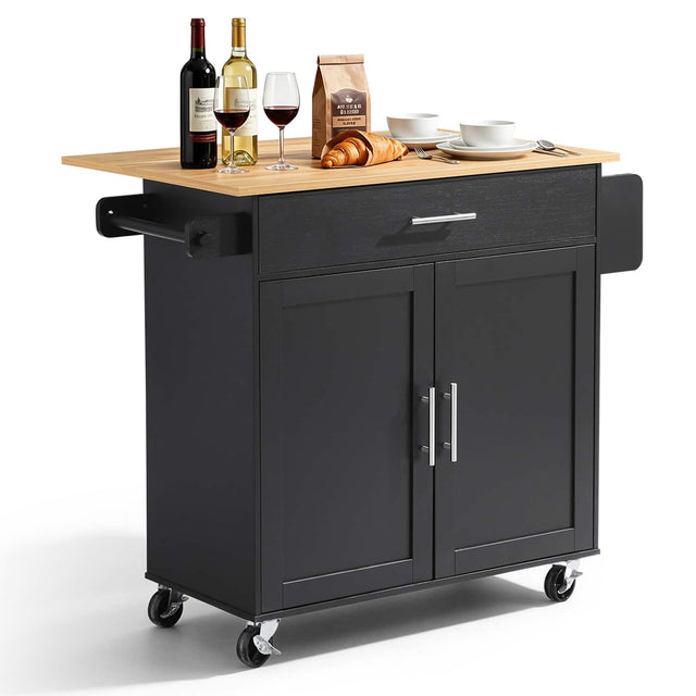 Front. VEVOR - Kitchen Island Cart with Storage, 42.28 in Wide Mobile Rolling Storage Island on Swivel Wheels, with Drawer - Black.