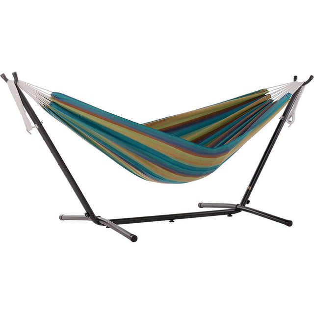 Front. Vivere - Vivere Brazilian Style Sunbrella Outdoor Double Hammock with Steel Stand, Lagoon - Lagoon.