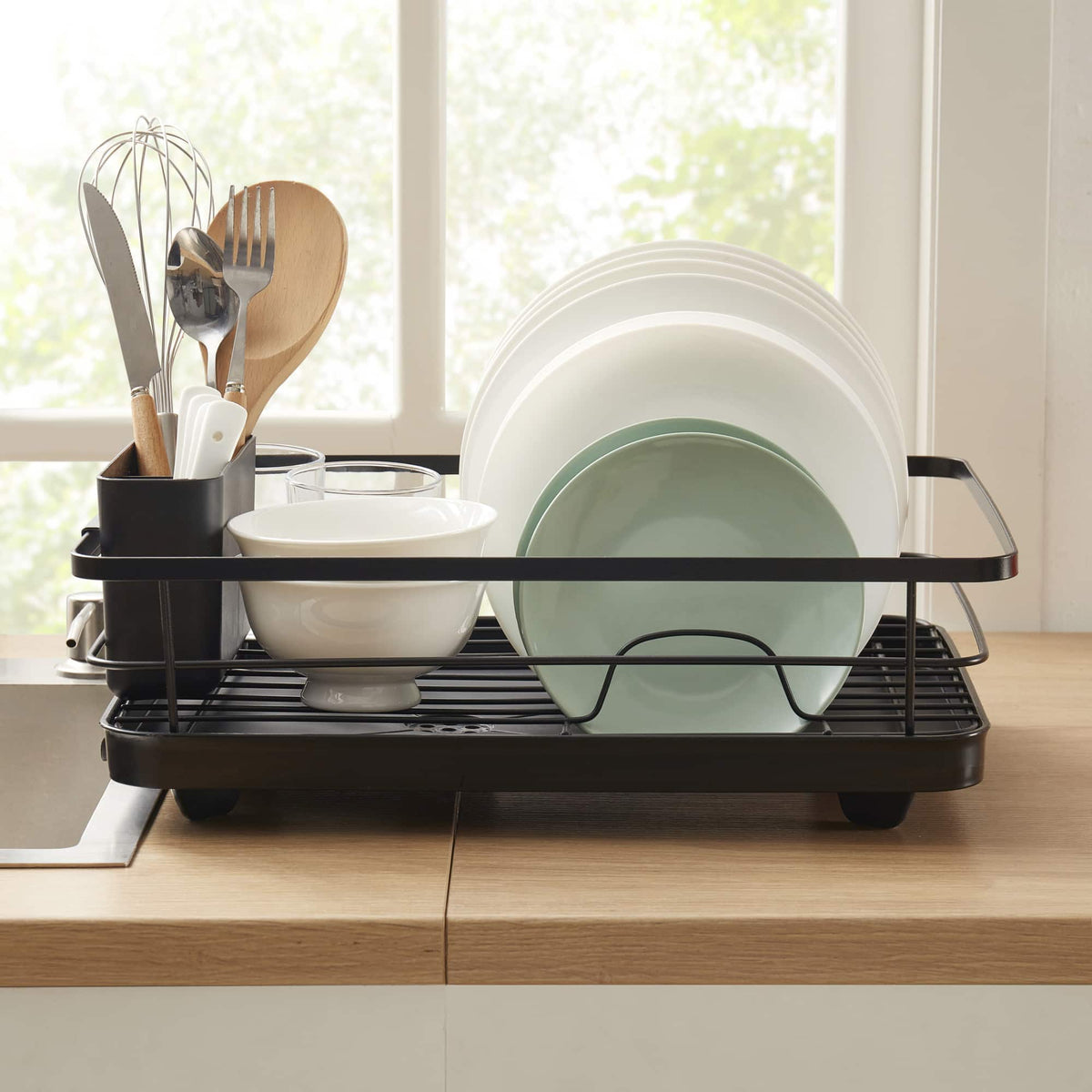 Sweet Home Collection - 3-Piece Multi-Functional Dish Drying Rack with Drain Board & Utensil Holder - Black