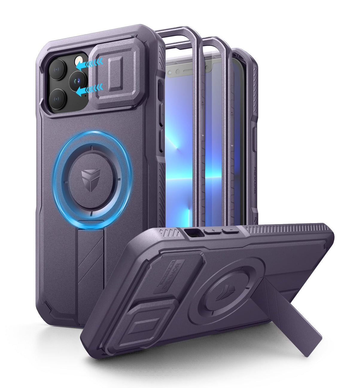Dexnor - Case for iPhone 13 Pro Max/12 Pro Max with Camera Cover & Adjustable Kickstand & Screen Protector - Phantom Purple