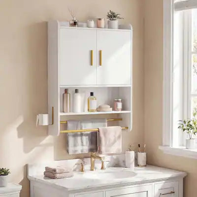 Costway - Bathroom Wall Cabinet with Towel Bars & Toilet Paper Holder for Laundry Room