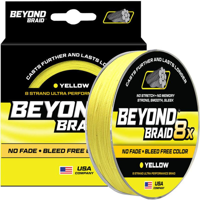 BEYOND BRAID 8x

- CASTS FURTHER AND LASTS LONGER
- NO STRETCH • NO MEMORY
- STRONG, SMOOTH, SLEEK
- NO FADE • BLEED FREE COLOR
- YELLOW
- 8 STRAND ULTRA PERFORMANCE BRAID
- USA COMPANY