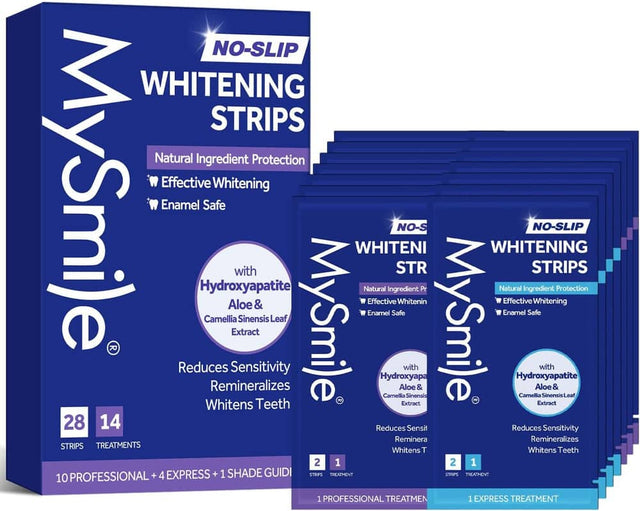NO-SLIP WHITENING STRIPS Natural Ingredient Protection Effective Whitening MySmile Enamel Safe Hydroxyapatite Aloe & Camellia Sinensis Leaf Extract with MySmile WHITENING STRIPS NO-S Whitenin Pr MySmile WHITENING Natural Enamel Effective Ingredient Safe STRIPS NO-SLIP Whitening Protection Reduces Sensitivity with Hydroxyapatite Remineralizes Aloe & Camellia Sinensis Leaf Extract 28 14 Reduces Sensitivity Remineralizes Whitens Teeth 2 1 2 1 PROFESSIONAL + 4 EXPRESS + 1 SHADE GUIDE STRIPS TREATMENTS Whitens T