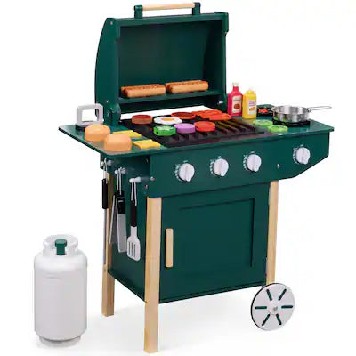 Best Choice Products - Kids Wooden BBQ Grill Playset with 28 Accessories, Pretend Outdoor Kitchen Toy w/ Storage