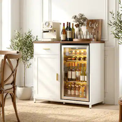 Aheaplus - Coffee Bar Cabinet with Mini Fridge Space, Power Outlet, Drawer & Wine Glass Storage for Kitchen/Dining