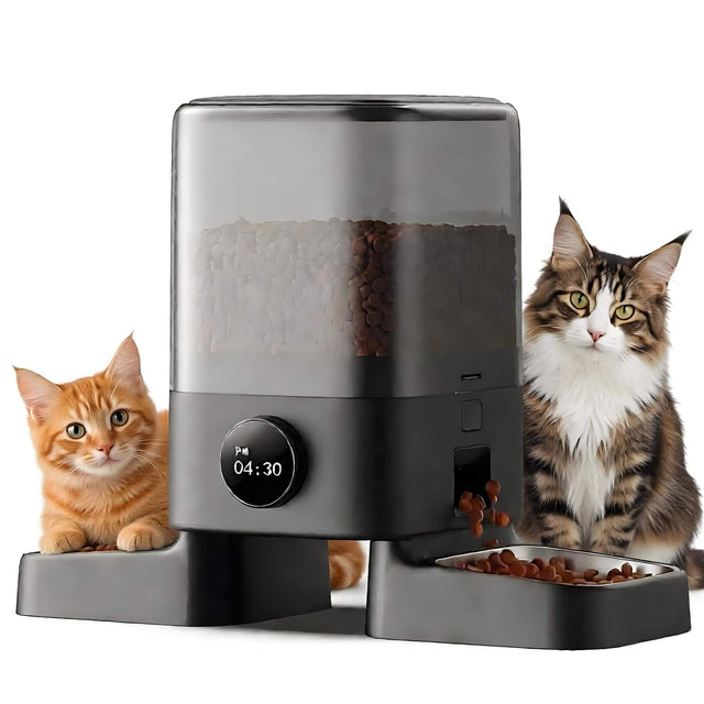 Front. Oneisall - Smart Automatic Pet Feeder: 5L Large Capacity, Stainless Steel, Food Dispenser for 0.7" Large Kibble, for Multi-Cat - Black.