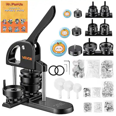 VEVOR - Button Maker Machine 1"/1.25"/2.25"(25/32/58 mm) Pin Maker Black, with 300pcs Button Parts, Circle Cutter and Magic Book