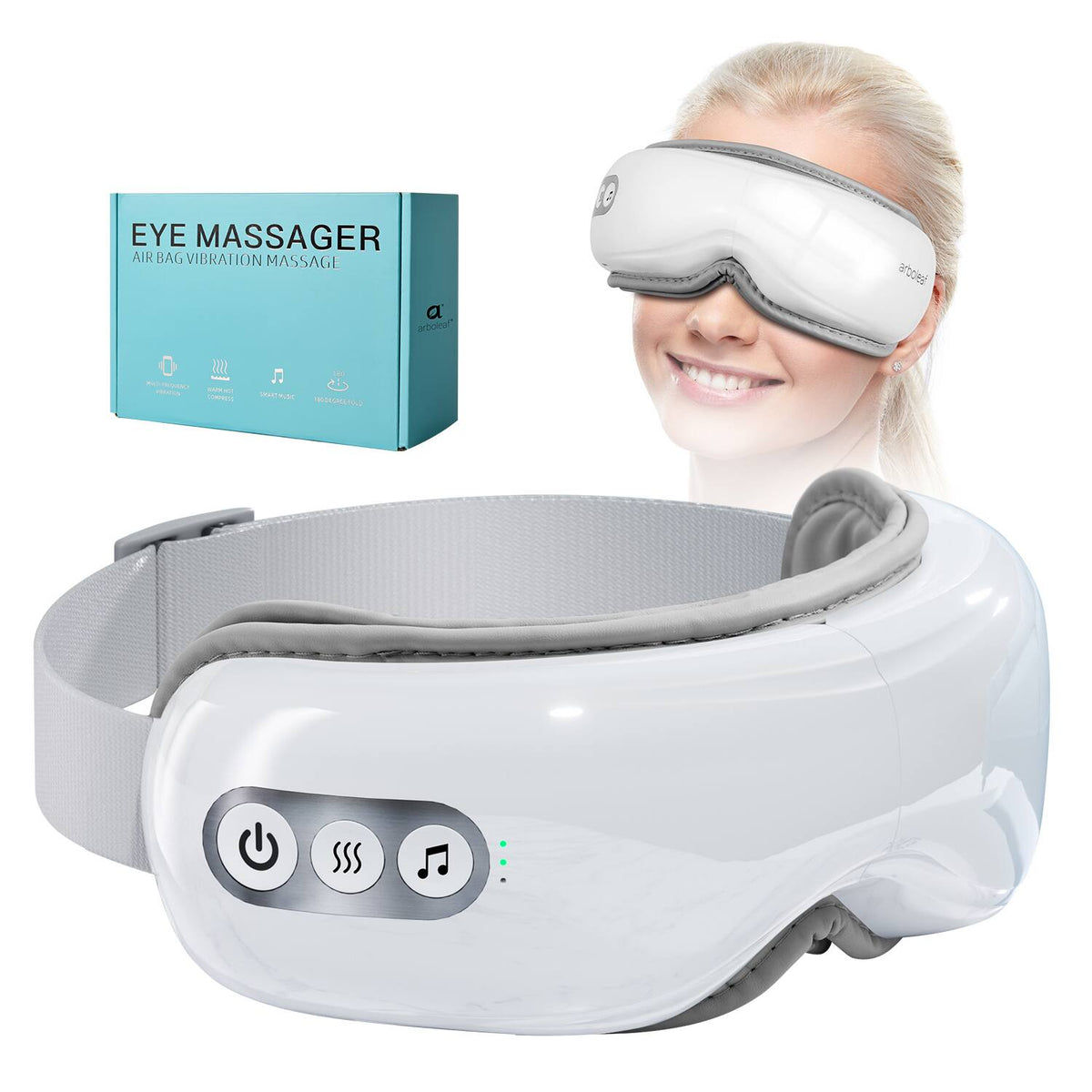 Arboleaf - Eye Massager with Heat, Compression and Music, Wireless Eye Mask Massager with 5 Modes for Relieve Eye Strain - White