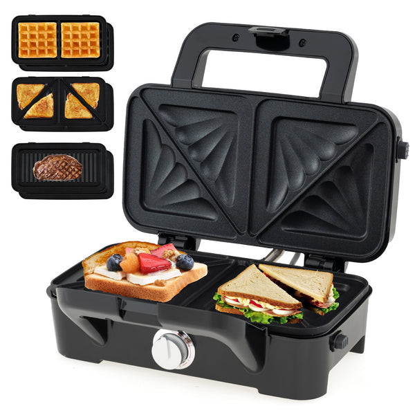 Costway - 3 in 1 Waffle Iron Panini Press Grill and Sandwich Maker Set with Removable Non-Stick Plates & Cool Touch Handle - Black
