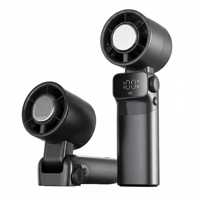 Front. COWIN - Foldable Portable Handheld Turbine Mini Fan 100 Speed Settings Type C Fast Charging LED Display - black.