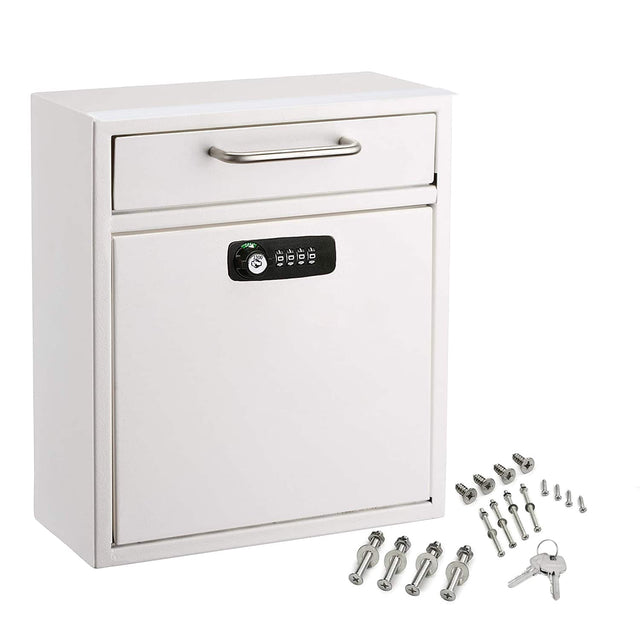 Front. AdirOffice - Drop Box Medium Steel Wall-Mounted Drop Box Mailbox with Combination Lock - White.