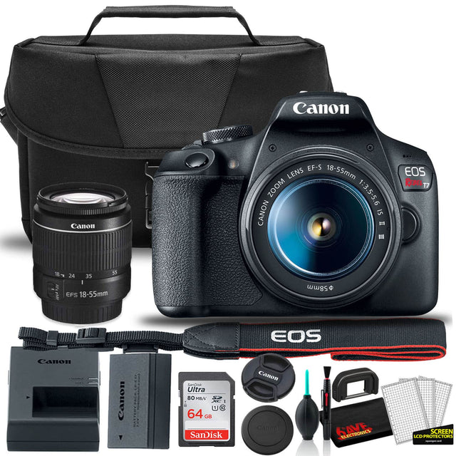Canon EF-S 18-55mm Zoom Lens  
Canon EOS Rebel T7  
Canon EFS 18-55mm  
Canon SanDisk Ultra 64GB  
Canon LCD Protectors  
Canon Battery Grip  
Canon Lens Hood  
Canon Lens Cap  
Canon Lens Cleaning Kit  
Canon Camera Strap  
Canon Camera Bag