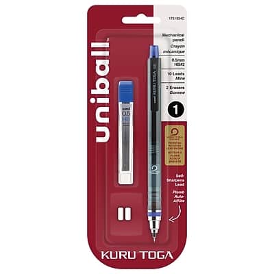 Uniball  
KURU TOGA  

Mechanical Pencil  
Crayon Mécanique  
0.5mm HB#2  

10 Leads  
10 Mines  
10 TDGA  

2 Erasers  
2 Gommes  

Auto-Sharpens  
Pimo Auto  

Sell-Sharpens  
Lame Auto