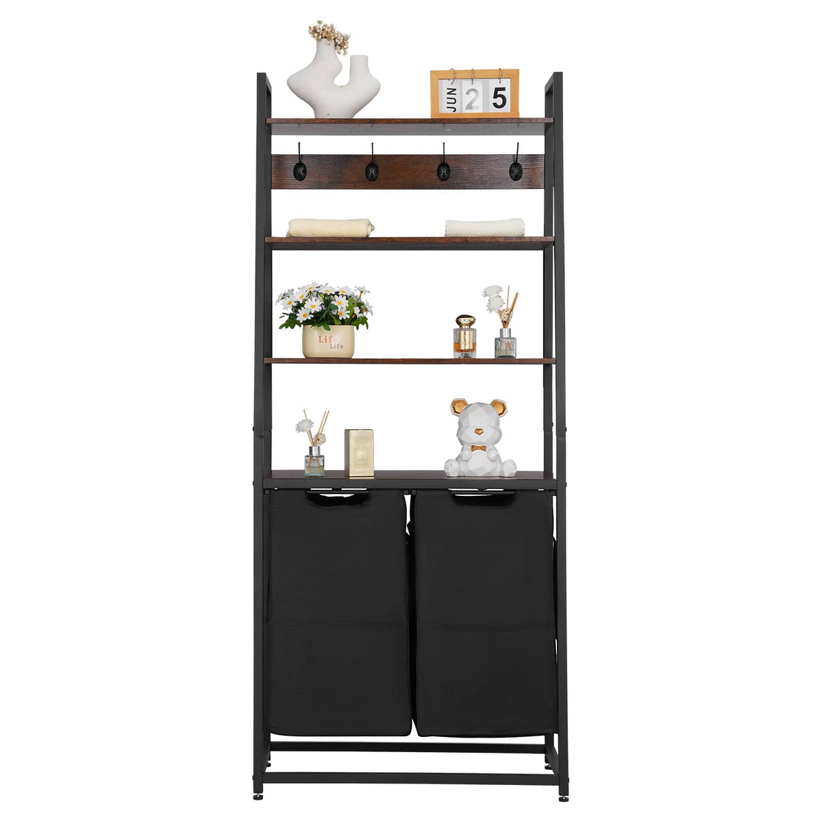 VEVOR - 4 Tiers Laundry Sorter, Tall Laundry Hamper with Shelves and Hooks, 2 Section Freestanding Basket Organizer Storage - Black, Brown