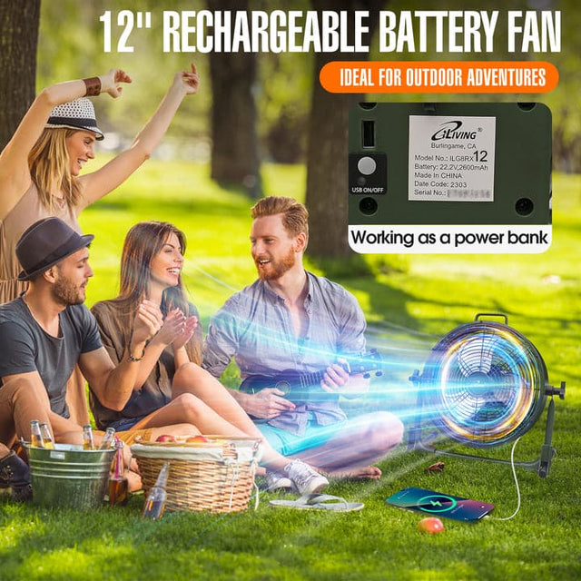 12" RECHARGEABLE BATTERY FAN  
IDEAL FOR OUTDOOR ADVENTURES  

USB ON/OFF  

GiLIVING  
Burlingame, CA  

Model No.: ILG8RX12  
Battery: 22.2V, 2600mAh  
Made in CHINA  
Date Code: 2303  
Serial No.:  

Working as a power bank