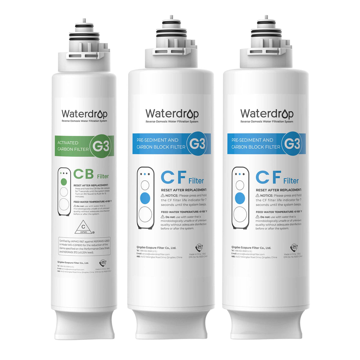 Waterdrop - G3 Replacement Filter 1-Year Combo, Pack of 2 WD-G3-CF Filters and 1 WD-G3-CB Filter, Replacement for WD-G3-W - White