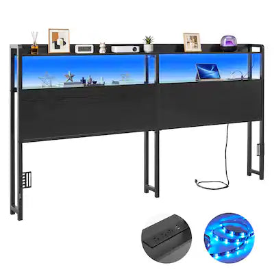 VEVOR - Headboard for King Size Bed, with 2 Storage Shelves, LED Light, 3 Outlets, and 3 USB Ports, Sturdy and Stable Carbon