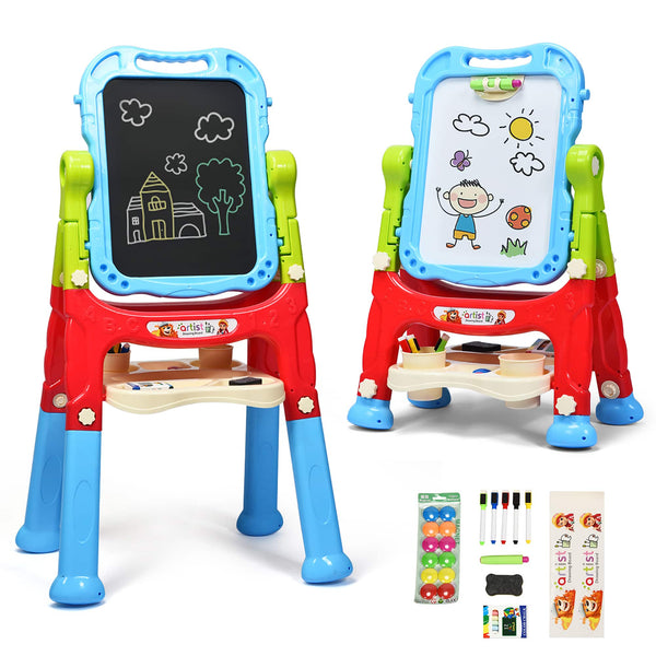 Costway - Height Adjustable Kids Art Easel Magnetic Double Sided Board with Accessories - Blue