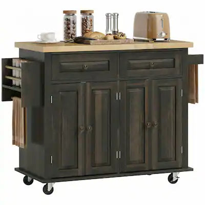 Homcom - Mobile Kitchen Island Table, Kitchen Island Cart on Wheels with Storage Cabinets
