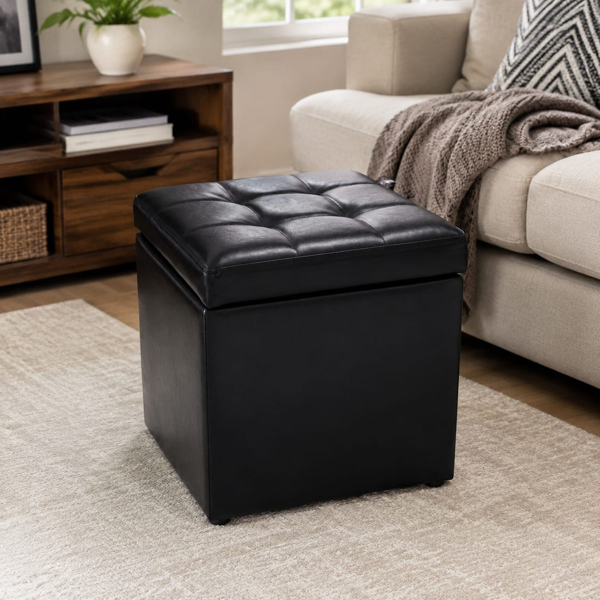 WELLFOR - 16 Inch PU Leather Ottoman with Hinge Top for Storage - Black