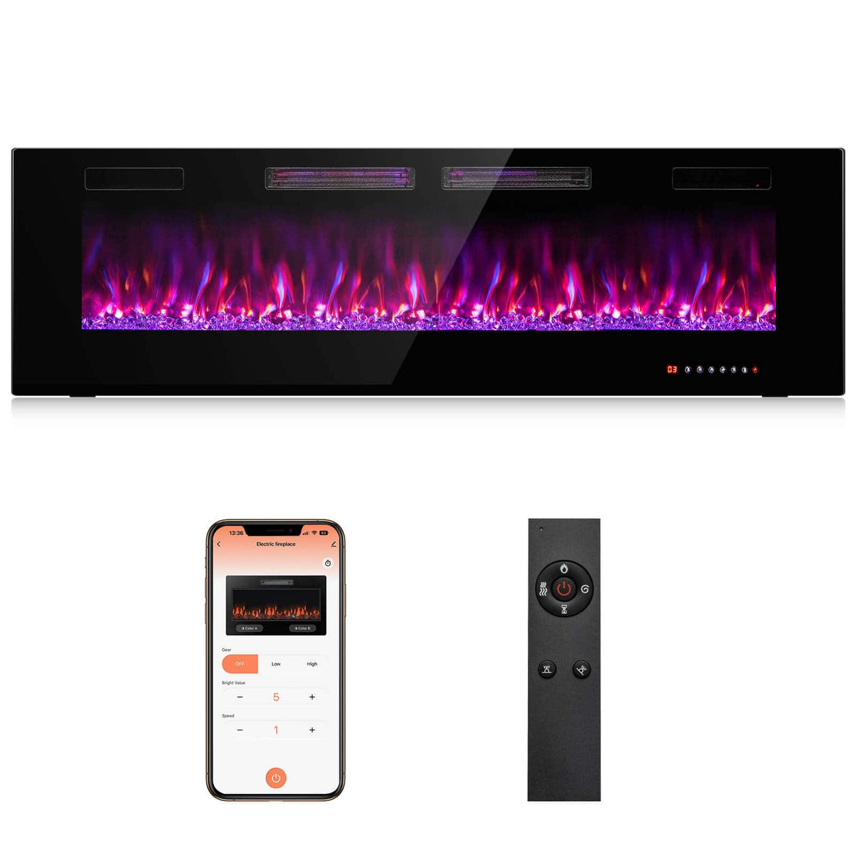 Costway - 60 Inches Ultra-Thin Electric Fireplace Wall-Mounted & Recessed Fireplace Heater - Black