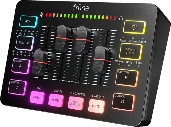 FIFINE - USB Audio Mixer - 4 Channel Audio Interface with RGB for Gaming, Streaming, Content Creation - Black