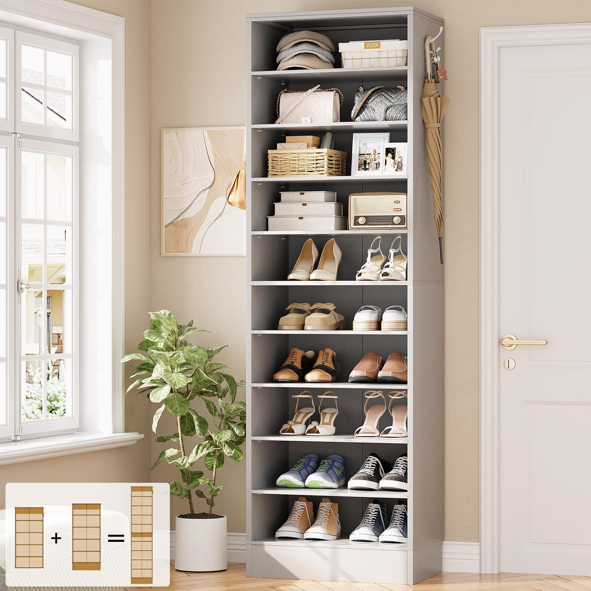 Aheaplus - 79.5'' Tall 10-Tier Freestanding Wooden Shoe Rack Tower with 2 Hooks - Gray