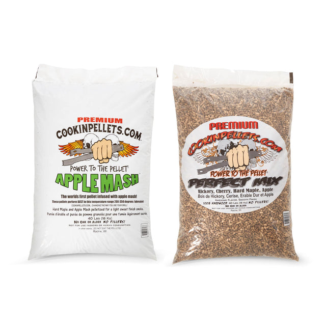 PREMIUM COOKINPELLETS.COM

POWER TO THE PELLET

APPLE MASH

The world's first pellet infused with apple mash! These pellets perform best in temperature range 200-350 degrees Fahrenheit. Hard Maple and Apple Mash pelletized for a light sweet finish smoke. Pure d'erable et pure de pomme granulés pour une fumée légèrement sucrée.

NO OAK OR ALDER NO FILLERS!

PREMIUM COOKINPELLETS.COM

POWER TO THE PELLET

PERFECT MIX

Hickory, Cherry, Hard Maple, Apple

Bois de Hickory, Cerise, Erable Dur et Apple

AWESOME FL