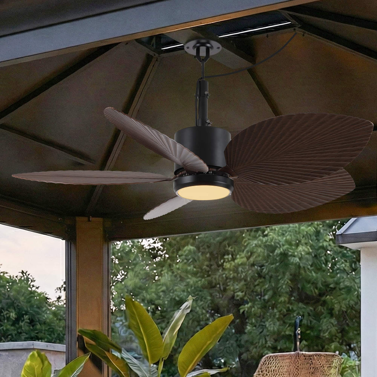 Parrot Uncle - 42" Tropical Palm Leaf Waterproof Outdoor Gazebo Ceiling Fan with Light and Remote, Hook Downrod - Black