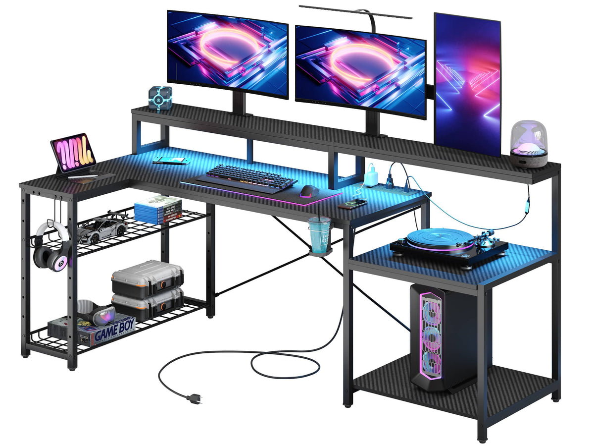 Bestier - 71inch L-Shaped LED Gaming Desk with Power Outlet Computer Desk - Black Carbon Fiber