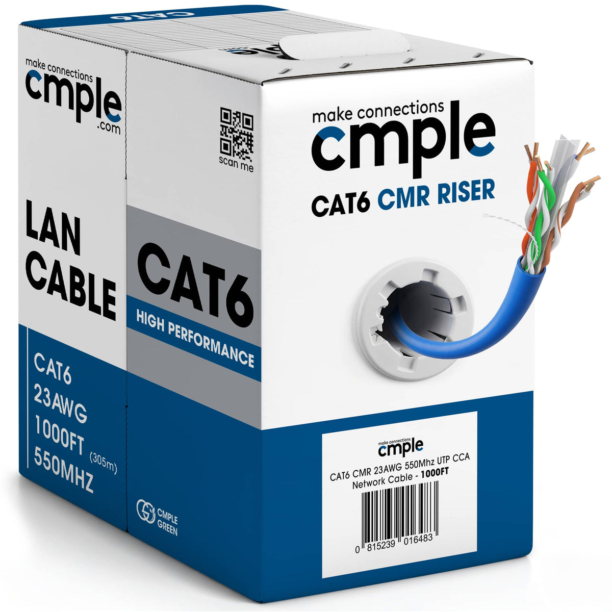 Cmple.com - Cmple - Cat6 Cable 1000ft Bulk Lan Ethernet Cat 6 Wire Network UTP 23AWG CMR Riser 10Gbps 550 MHz Pull Box - Blue