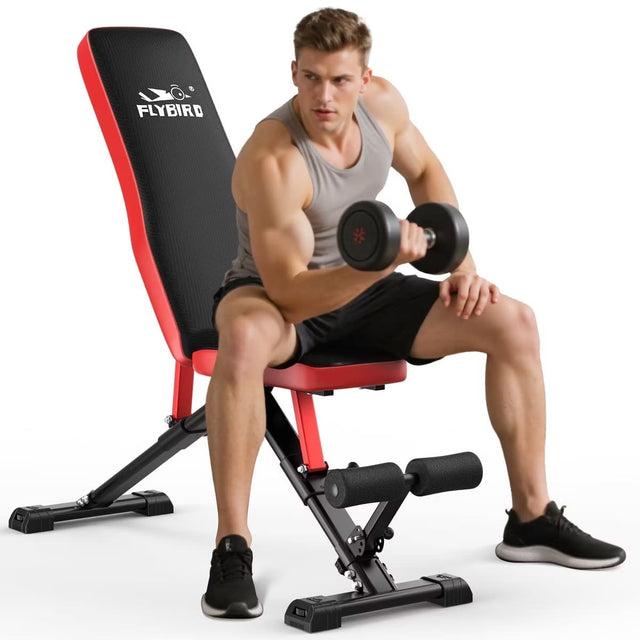 Front. FLYBIRD - WB6  Collapsible Exercise Folding Adjustable Weight Bench, Strength Training Workout Bench up to 6.2' , 880LBS Capacity - Black/Red.