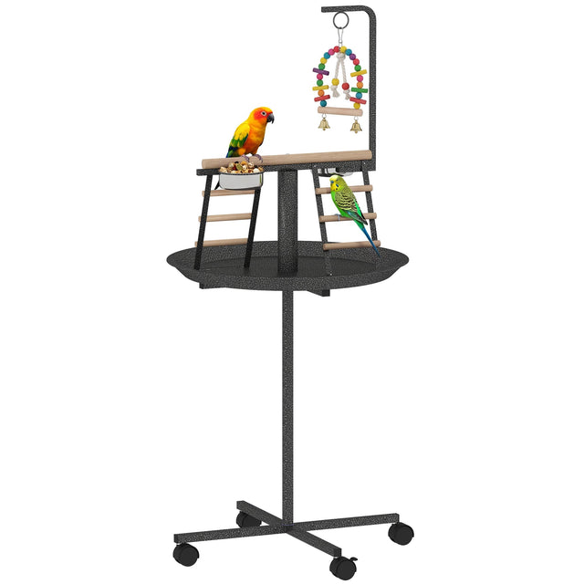 Front. Pawhut - Stand with Wheels Parrot Play Stand with Round Tray Stainless Steel Feed Bowls Indoor Outdoor Dark - Dark Gray, Natural Wood.